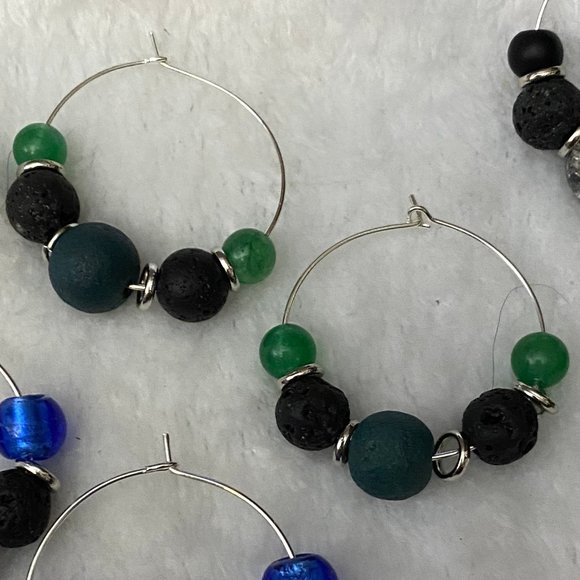Essential Diffuser Hoop Earrings Green and Lava Stone Handcrafted - Picture 2 of 2